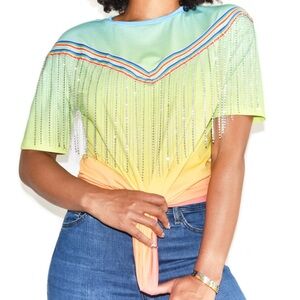 NWT Each X Other S Rhinestone Fringe Degradé T-shirt Crystals Rainbow Bling